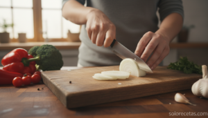 Manos picando cebolla en una tabla de madera con cuchillo de chef