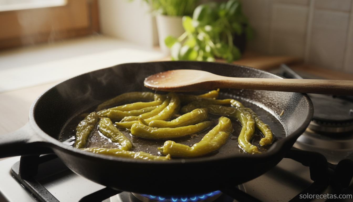 Pimientos verdes italianos en juliana pochandose en sarten con aceite de oliva