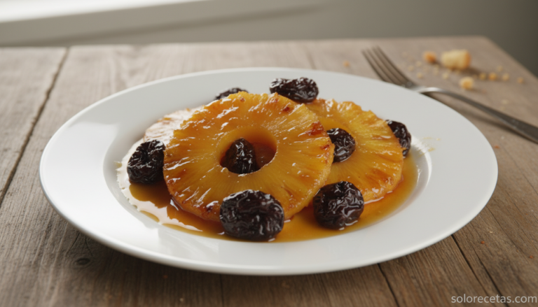 Home Elementor 4 Piña asada con ciruelas pasas en salsa de caramelo servida en plato blanco