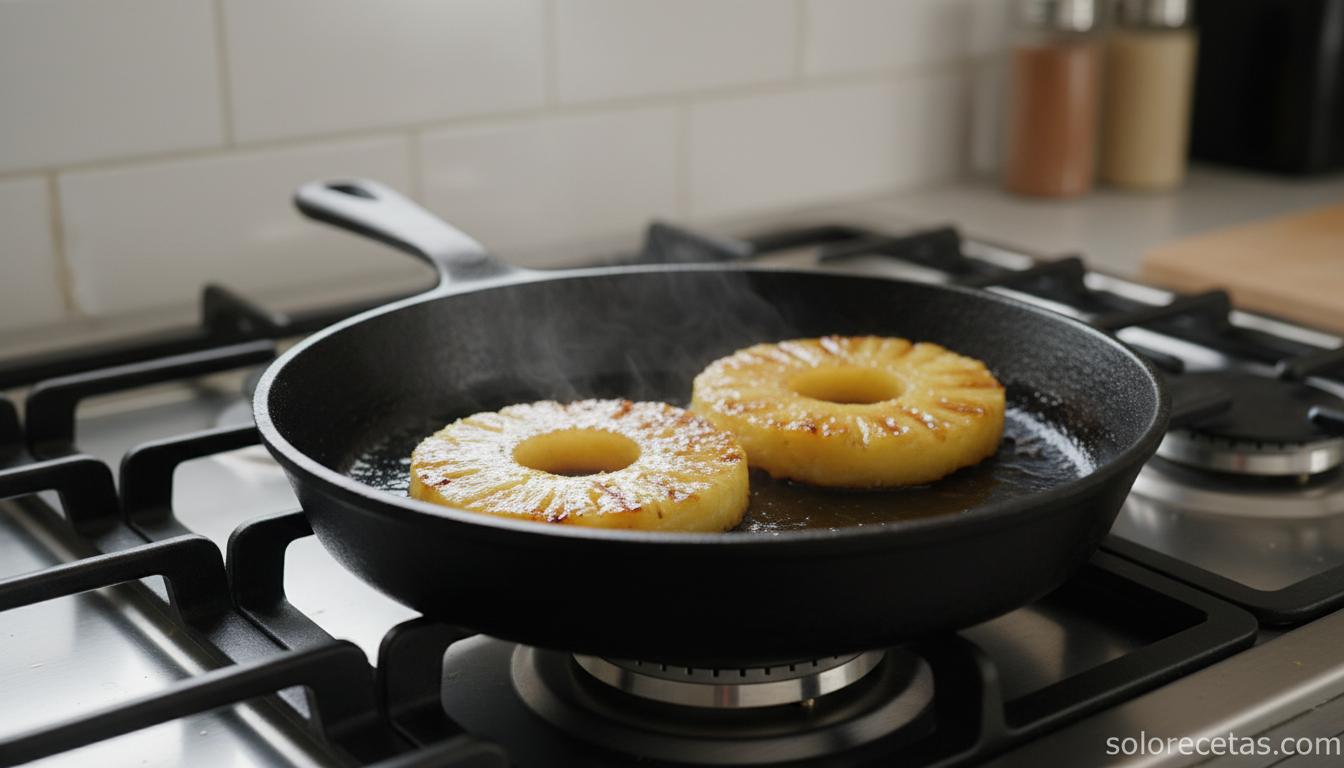 Rodajas de piña caramelizadas en sartén con marcas doradas