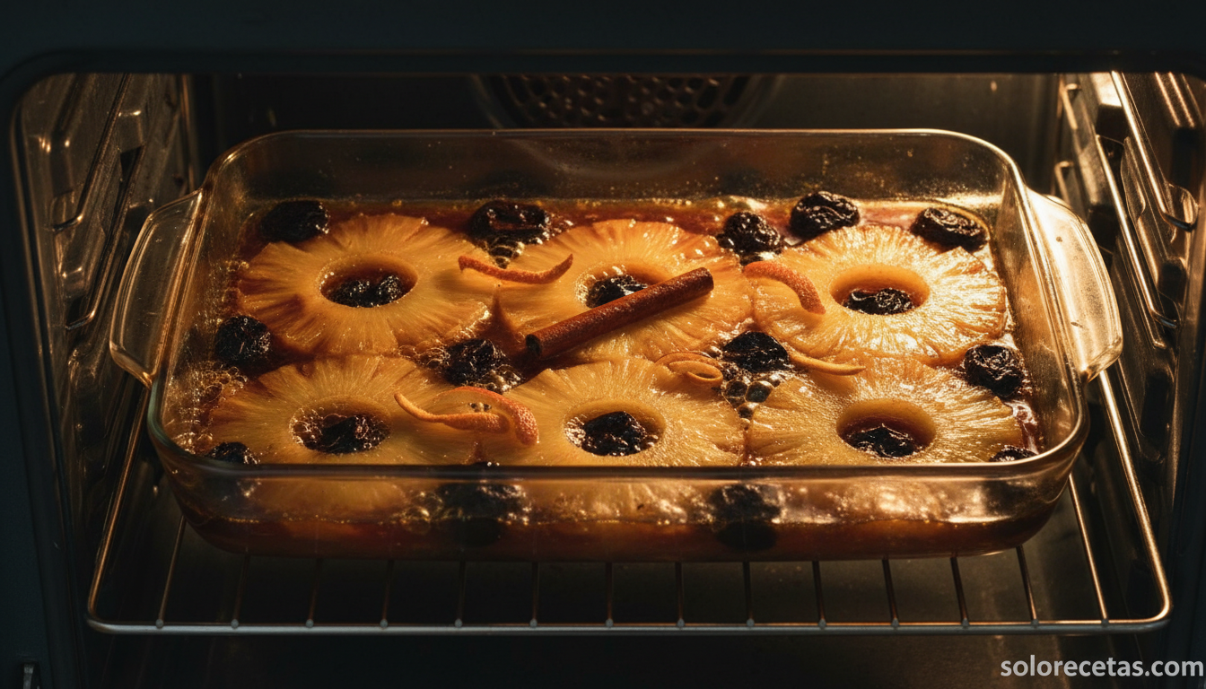 Piña y ciruelas pasas caramelizándose en fuente de horno con canela y naranja