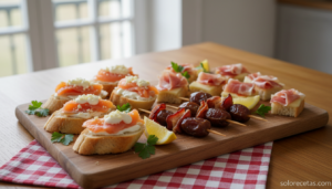 Tabla con pinchitos de salmón y otros aperitivos para picar