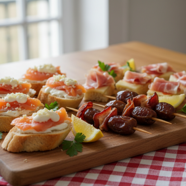 Tabla con pinchitos de salmón y otros aperitivos para picar