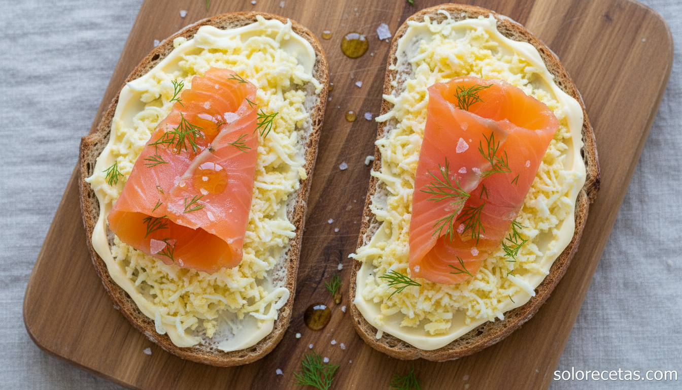 Pinchitos de salmón ahumado sobre tostadas con mayonesa y huevo cocido rallado