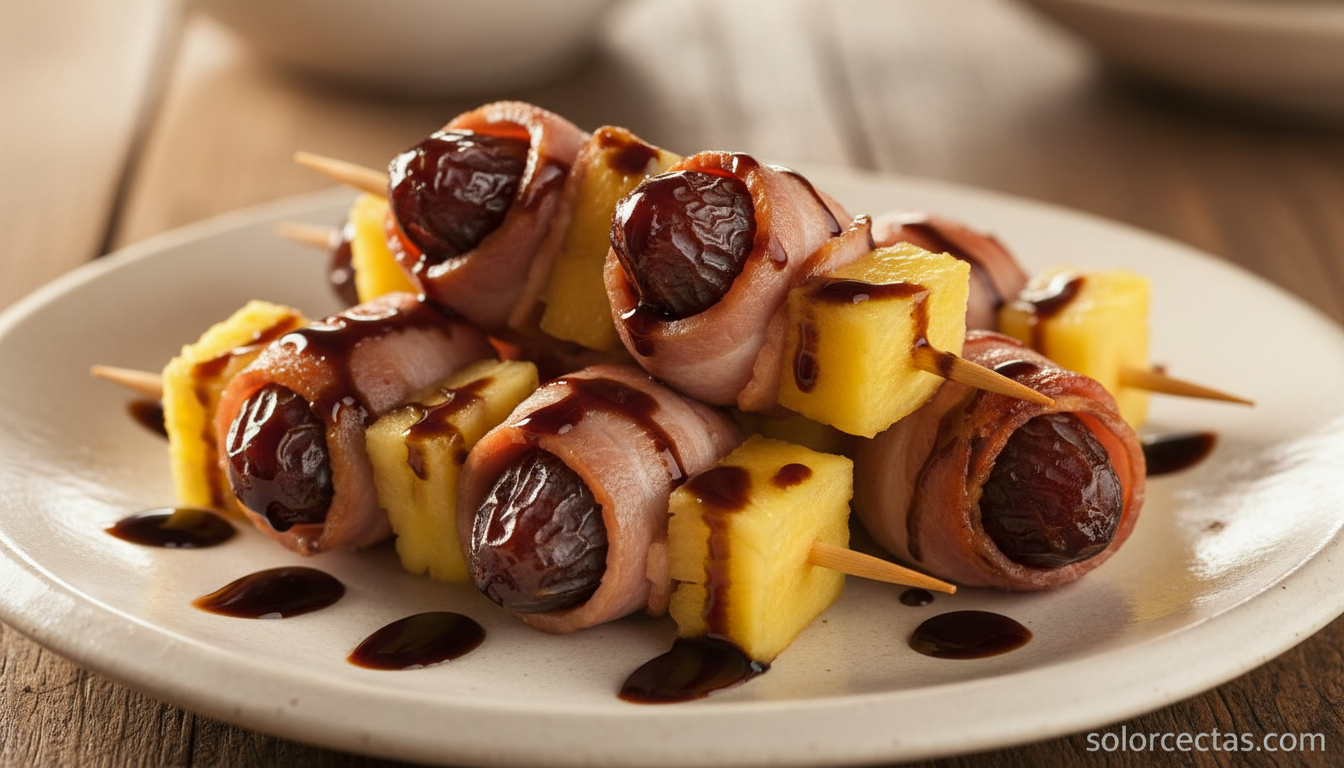 Pinchos de bacon enrollado con dátil y piña en palillos de madera