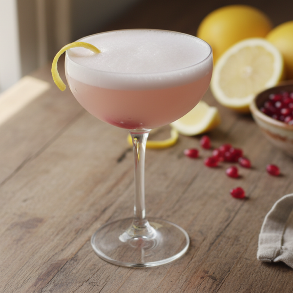 Cóctel Pink Lady clásico con ginebra, granadina y clara de huevo en copa de cóctel