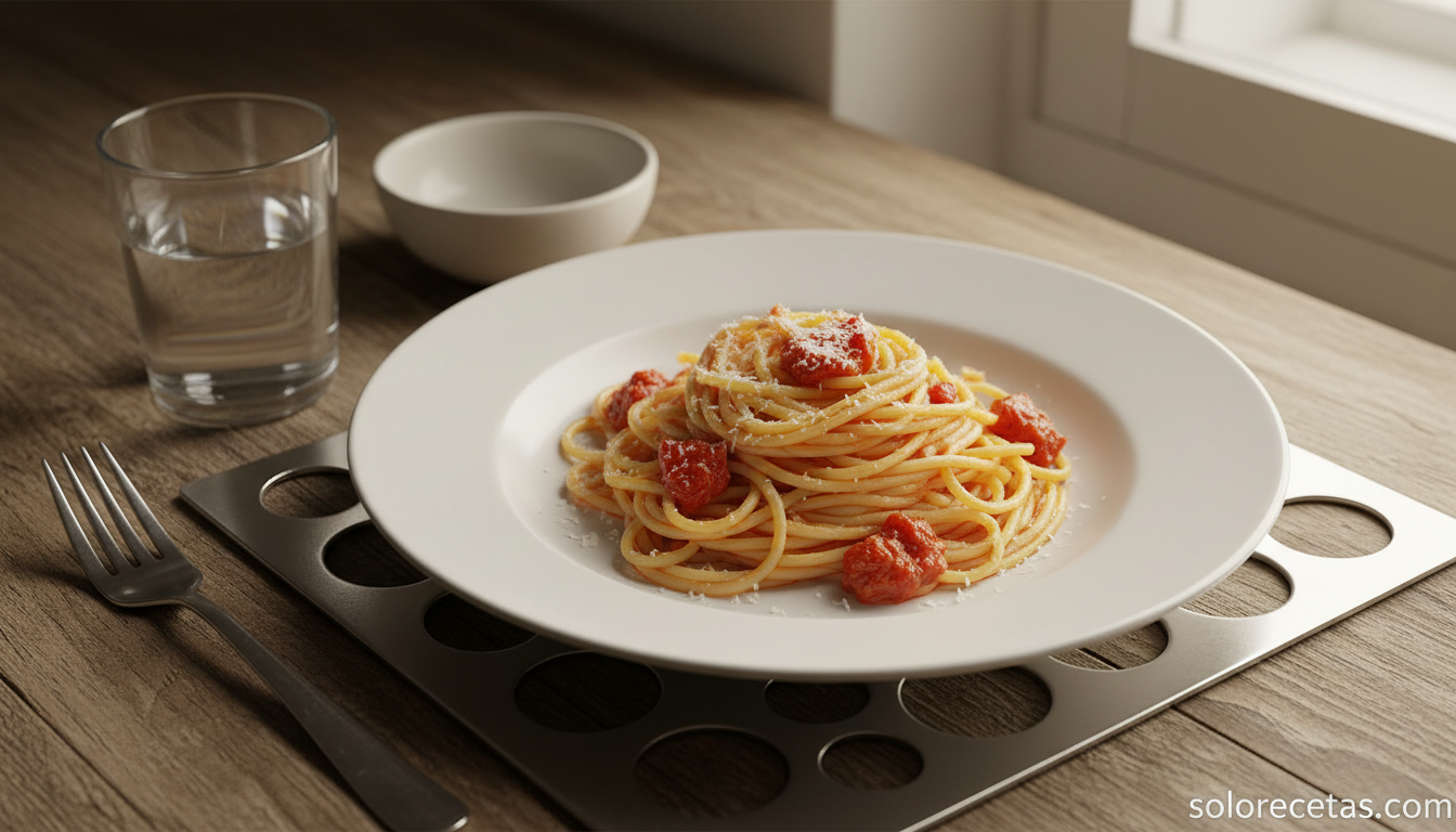 Medidor de espaguetis de diseño: el utensilio que calcula la cantidad justa 4 Plato de espaguetis con la cantidad exacta servidos en mesa de cocina
