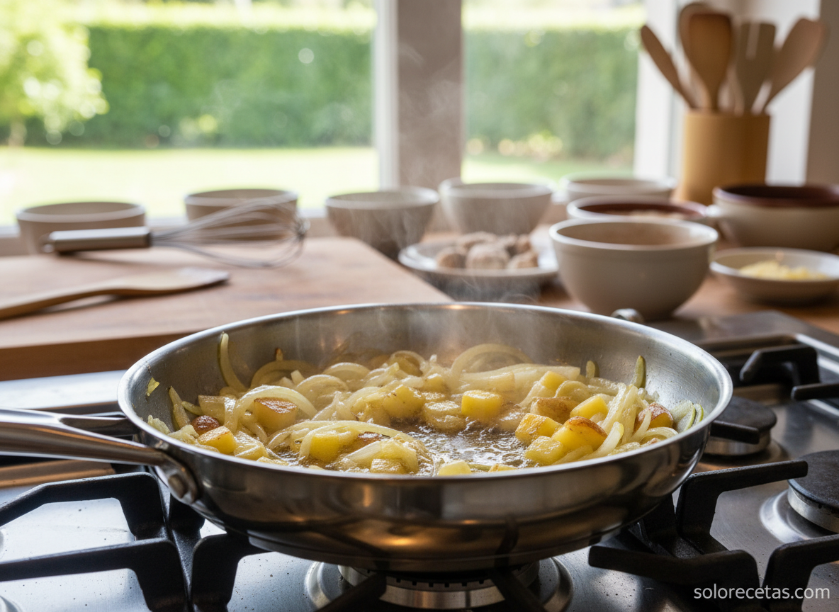 Tortilla de cebolla y espinacas: receta jugosa paso a paso 1 Cebolla pochada con patata en sartén para tortilla española