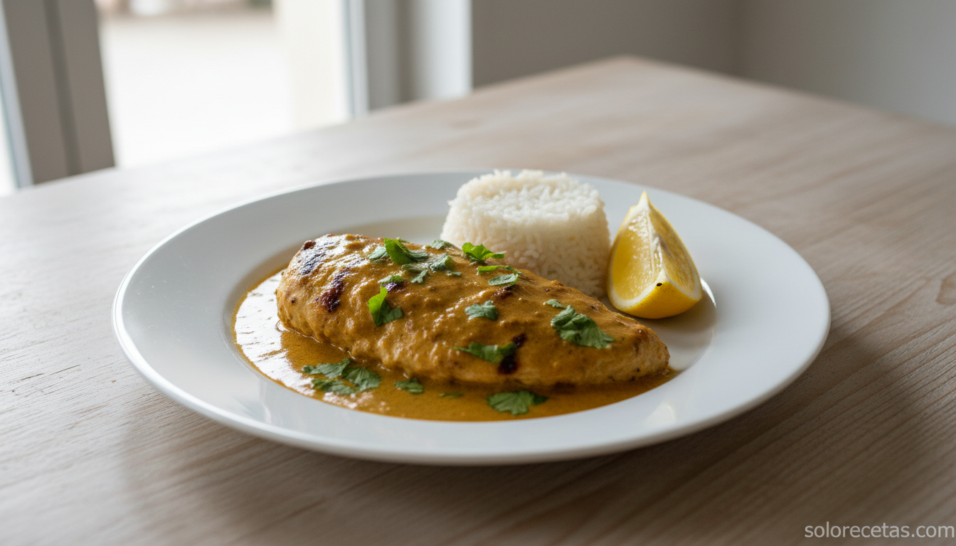 Pollo a la plancha con salsa hindú y arroz basmati en plato casero
