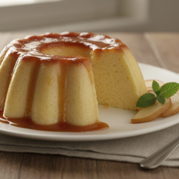Pudín de pera casero desmoldado con caramelo dorado