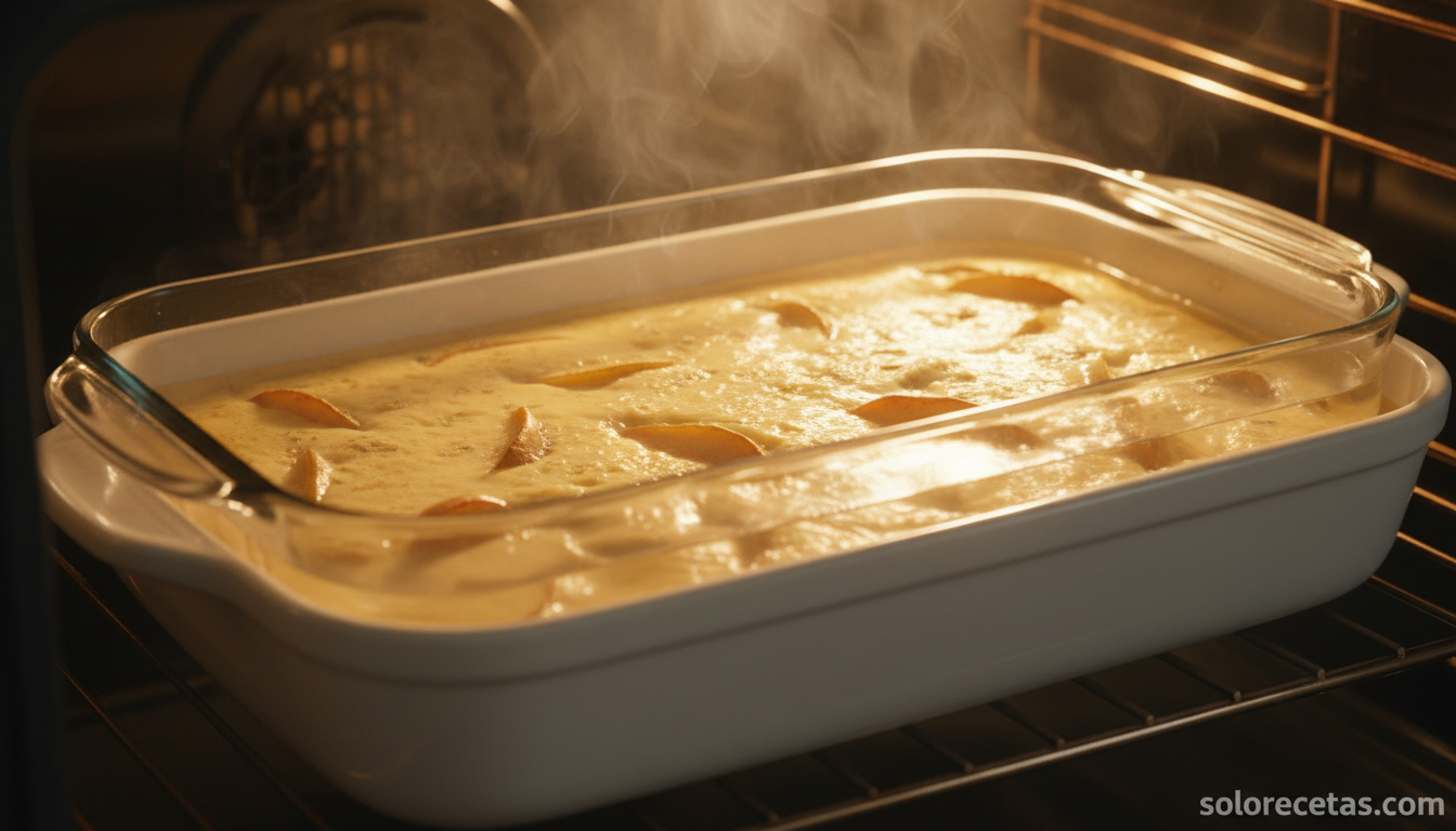 Pudín de pera cocinándose al baño maría en el horno