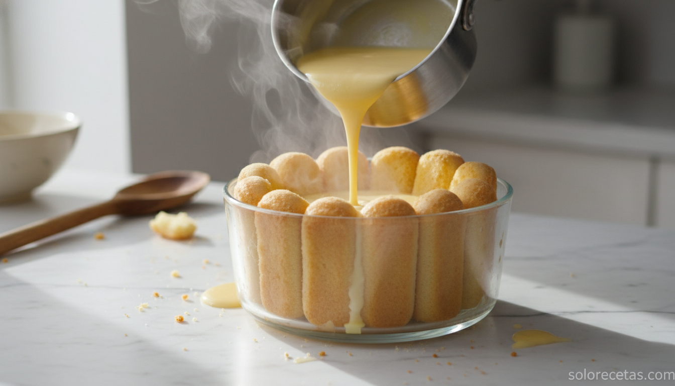 Pudin fácil y rápido con bizcochos y caramelo: receta en 15 minutos 2 Verter el flan sobre los bizcochos emborrachados en el molde