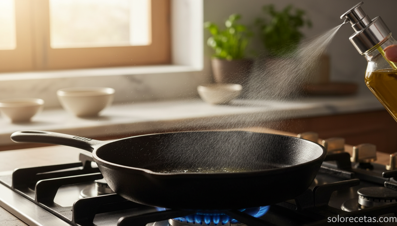 Pulverizador de aceite rociando una sartén en la cocina