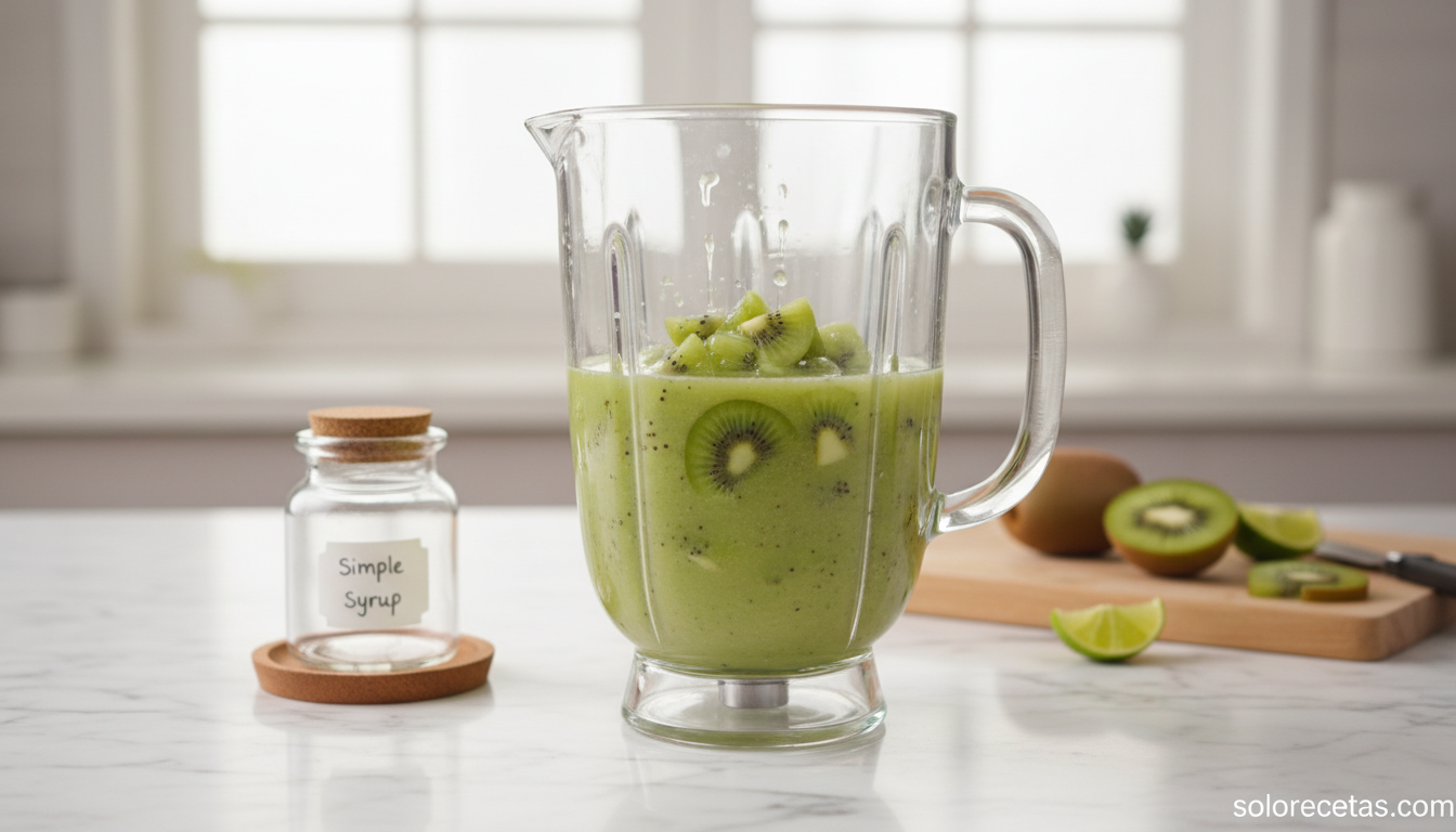 Puré de kiwi verde brillante en vaso de batidora con lima y almíbar