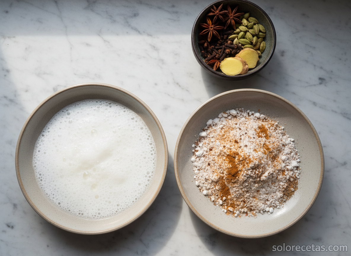Berenjenas a las siete especias: receta tailandesa crujiente 2 Plato con clara batida y plato con harina de maíz mezclada con siete especias