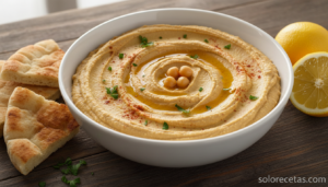 Receta de humus casero servido en cuenco blanco con aceite de oliva y pimenton