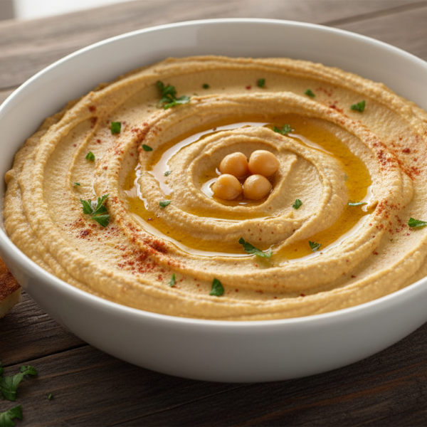 Receta de humus casero servido en cuenco blanco con aceite de oliva y pimenton