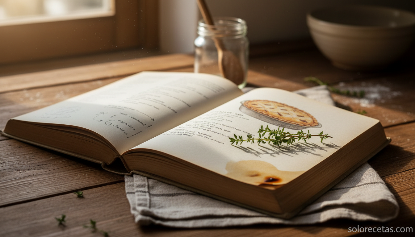 Recetas sencillas para novatos y cocinillas: el libro que enseña a cocinar de verdad 3 Libro de cocina con anotaciones a lápiz y manchas de aceite, recetario en uso