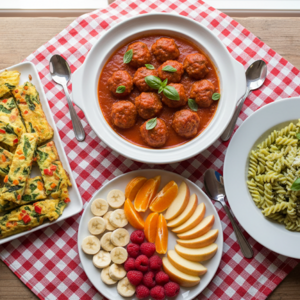 Recetas para bebés y niños: platos variados y saludables servidos en mesa familiar
