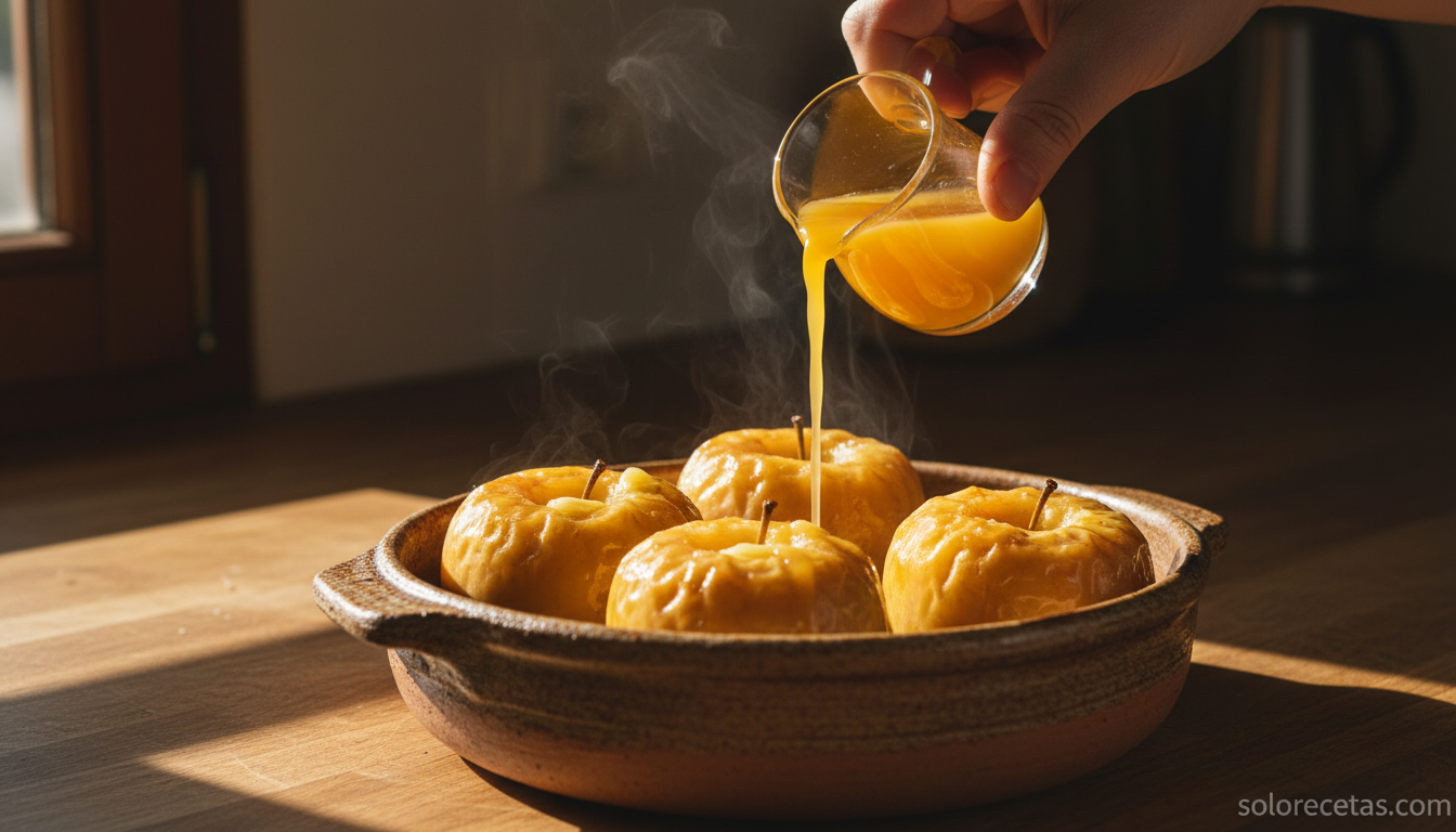 Regando las manzanas asadas con zumo de naranja a media cocción