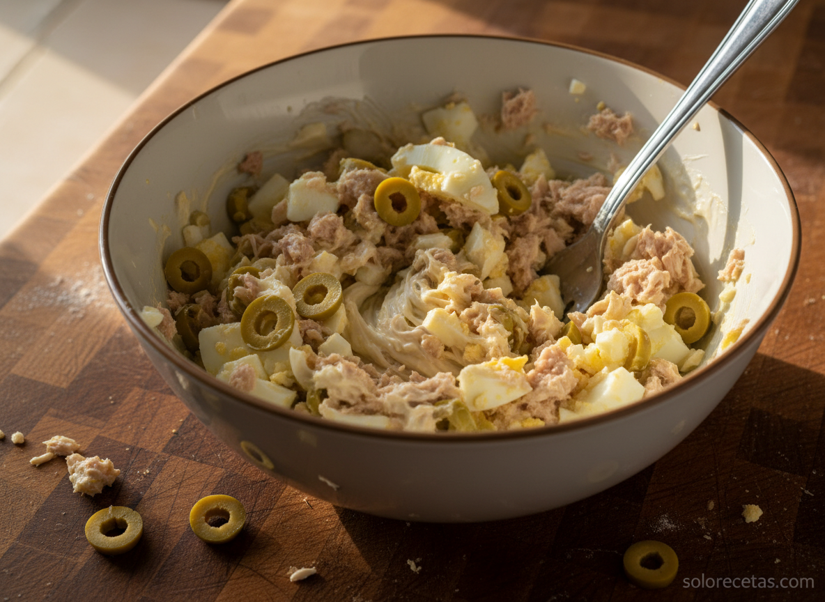 Mezcla de atún con huevo cocido, aceitunas y mayonesa para rellenar los tomates