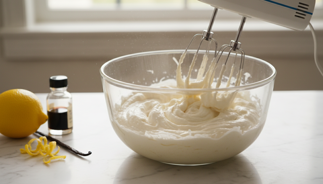 Requesón batiéndose con azúcar y nata para el relleno de la tarta