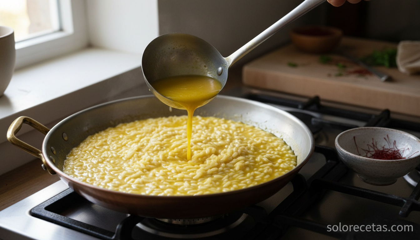Añadiendo caldo con azafrán al risotto cucharon a cucharón