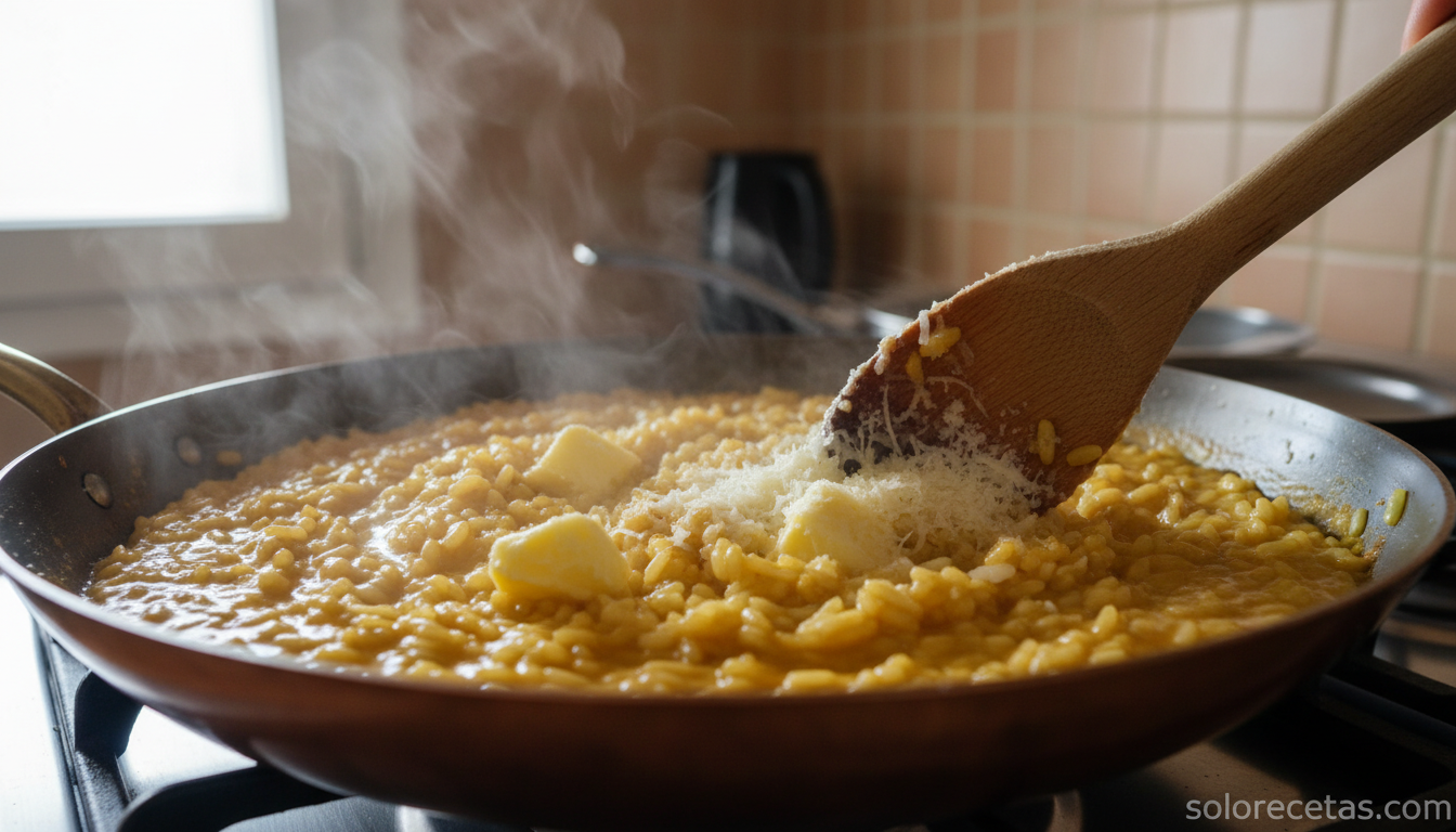 Mantecatura: mantequilla y parmesano integrándose en el risotto dorado