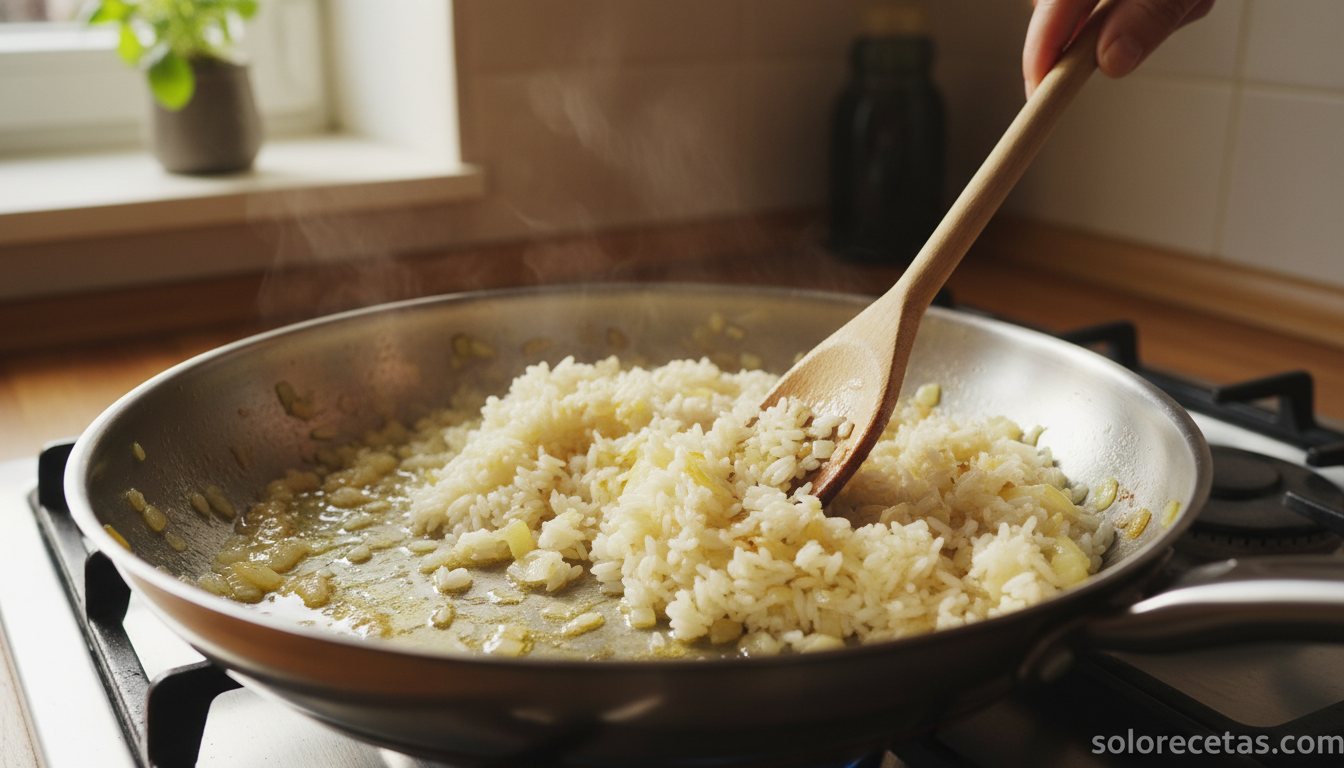 Tostando el arroz con cebolla y mantequilla en la cazuela para el risotto