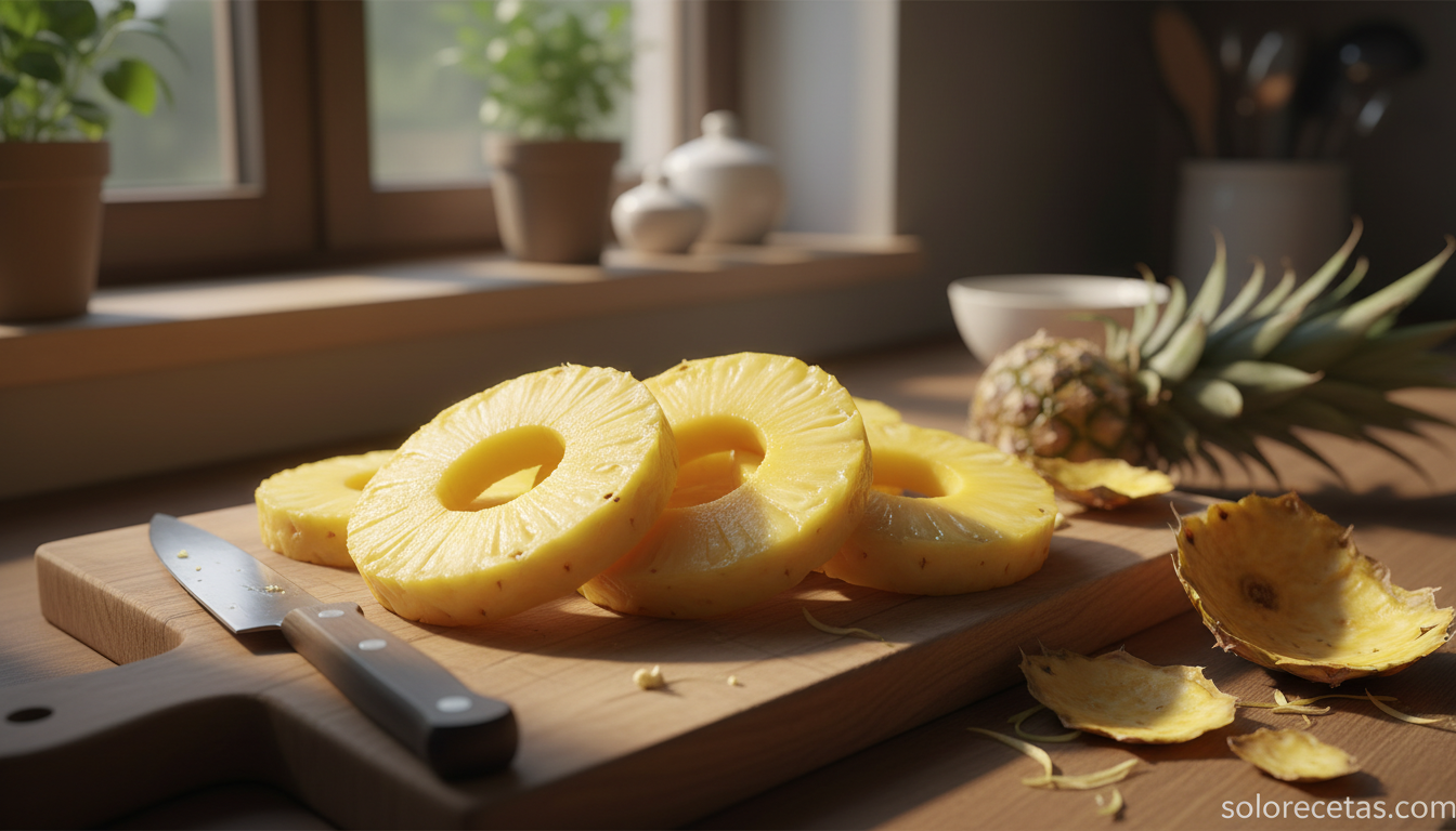 Rodajas de piña fresca cortadas sobre tabla de madera listas para asar