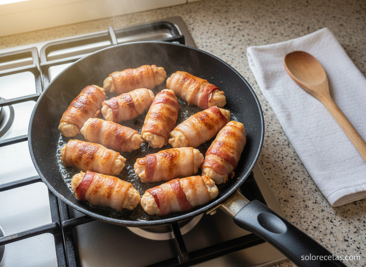 Rollitos de beicon y pollo: receta de aperitivo fácil y jugosa 3 Rollitos de beicon y pollo dorándose en sartén con beicon crujiente