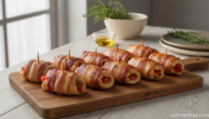 Rollitos de beicon y pollo dorados sobre tabla de madera en cocina casera