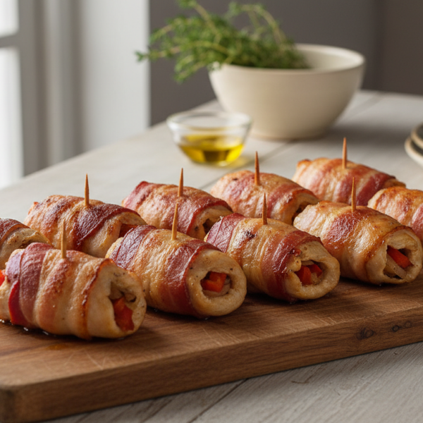 Rollitos de beicon y pollo dorados sobre tabla de madera en cocina casera