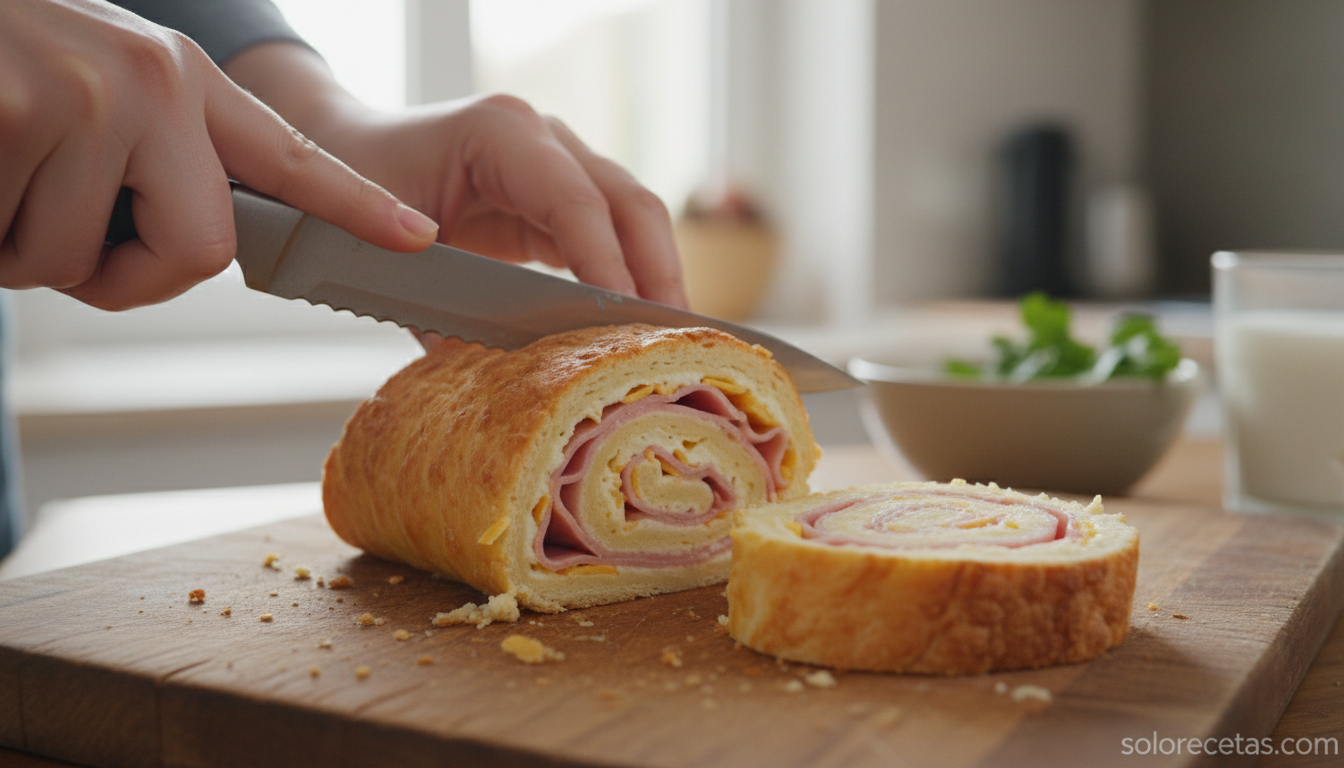 Cortando los rollitos de jamón y queso en rodajas gruesas