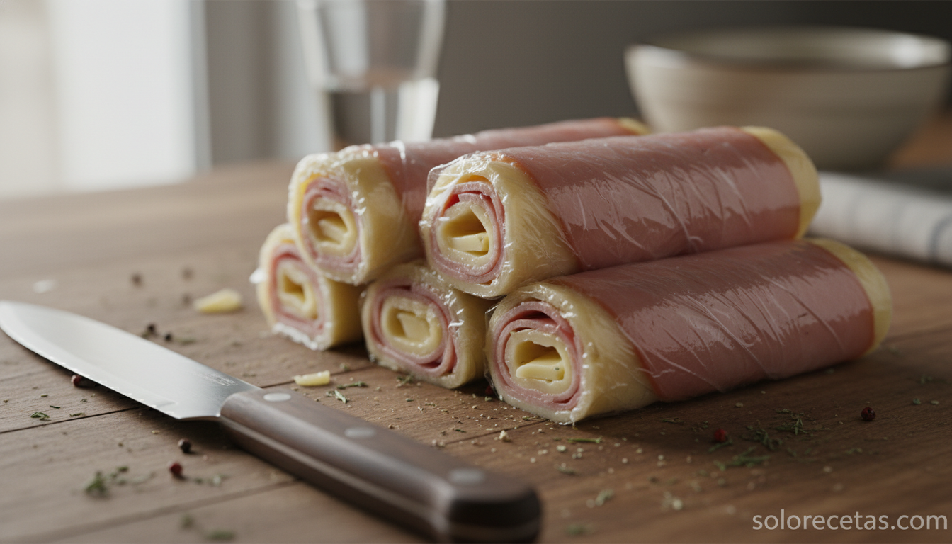 Rollitos de jamón y queso envueltos en film listos para enfriar en la nevera