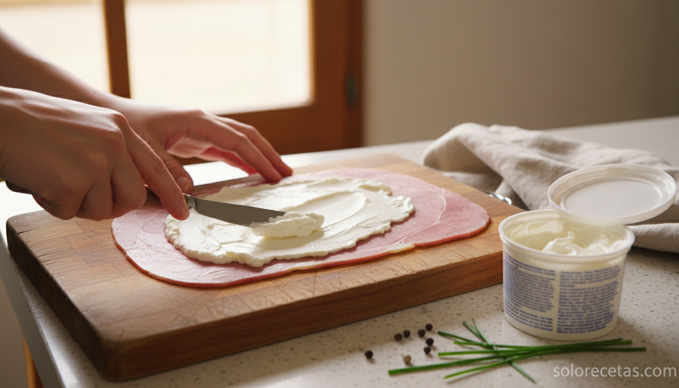 Untando queso crema sobre una loncha de jamón york para preparar los rollitos