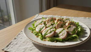 Rollitos de jamón y queso en ensalada con aliño de ajo y perejil