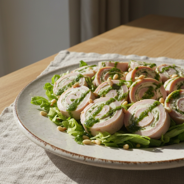 Rollitos de jamón y queso en ensalada con aliño de ajo y perejil