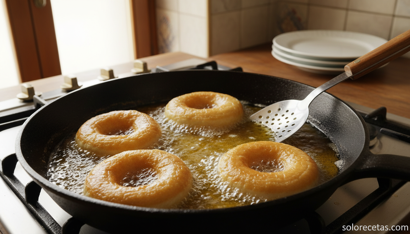 Rosquillas de anis: receta tradicional casera esponjosa y aromatica 3 Rosquillas de anis friendose en sarten con aceite de oliva caliente