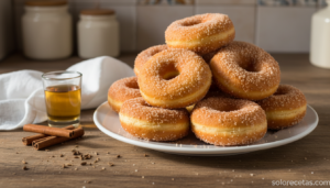 Rosquillas de anis caseras espolvoreadas con azucar y canela en plato blanco