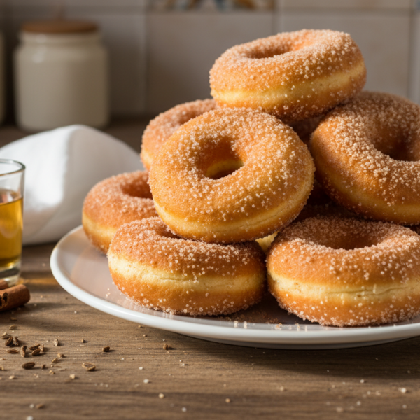 Rosquillas de anis caseras espolvoreadas con azucar y canela en plato blanco