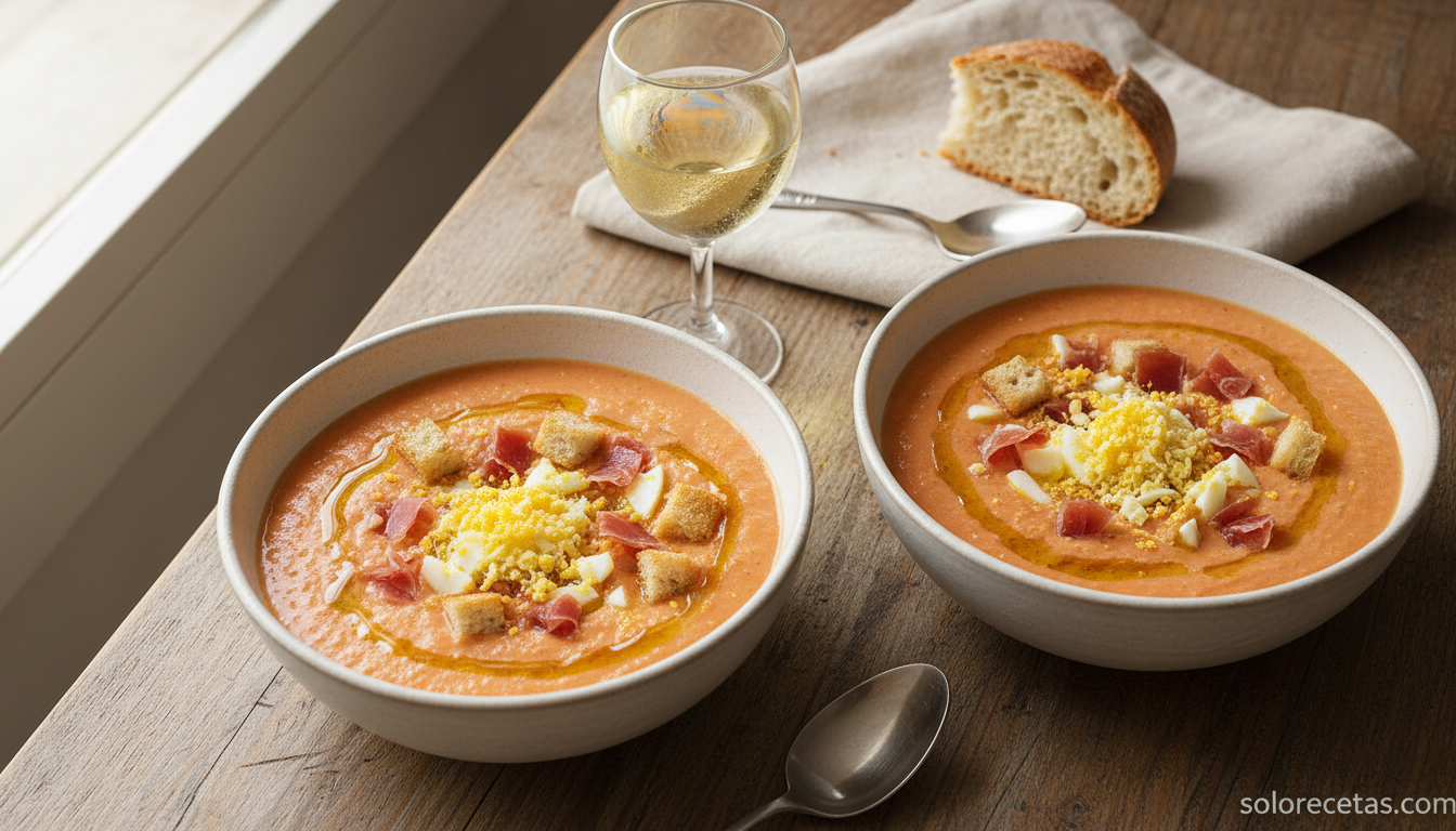 Dos boles de salmorejo Loli con huevo duro rallado y jamón serrano