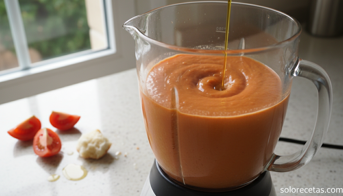 Emulsión del aceite de oliva en la batidora para el salmorejo
