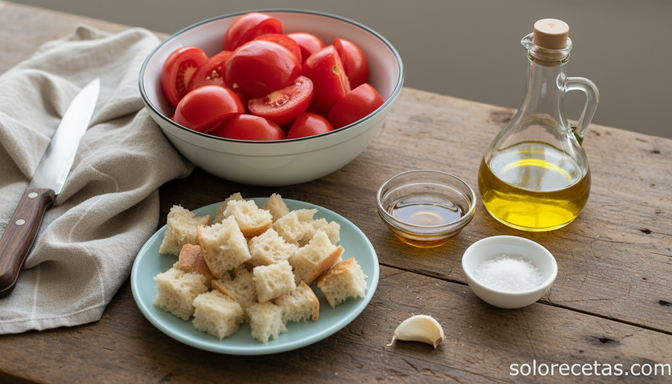 Ingredientes del salmorejo Loli preparados sobre la encimera