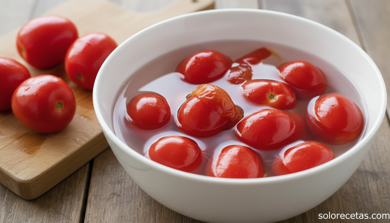 Tomates pelados después de escaldar para preparar salmorejo
