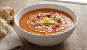 Salmorejo Loli servido en un bol con huevo rallado y jamón serrano