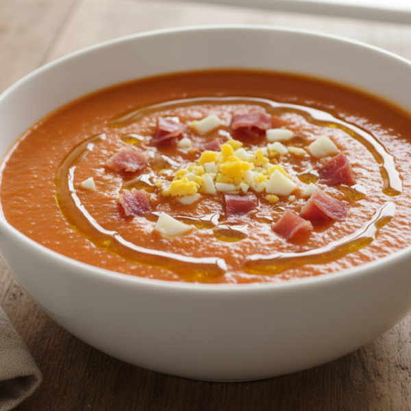 Salmorejo Loli servido en un bol con huevo rallado y jamón serrano