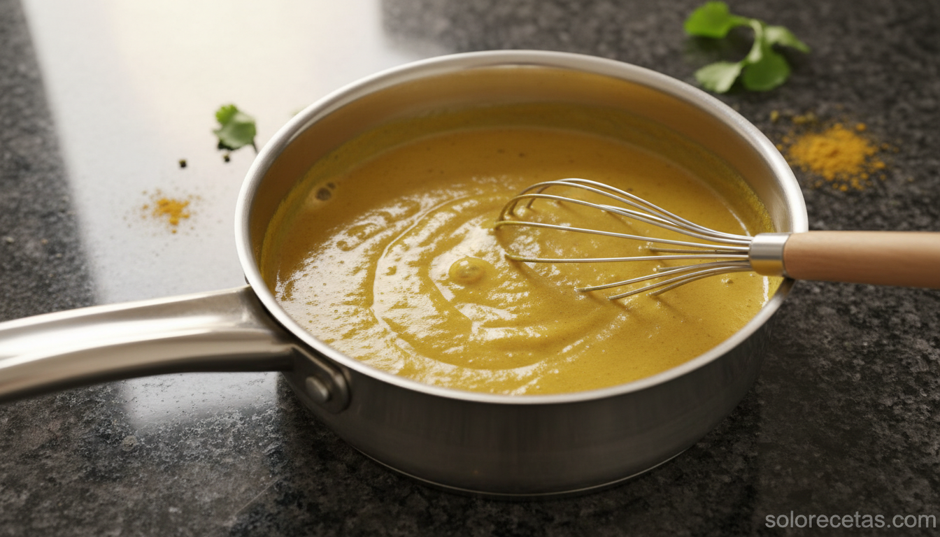 Salsa de curry espesando a fuego lento en cazo