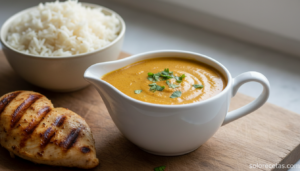 Salsa hindú casera cremosa servida en salsera blanca con cilantro fresco