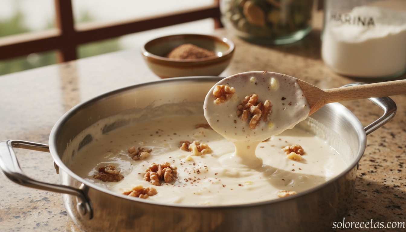 Salsa cremosa de nata con nueces y nuez moscada en sarten